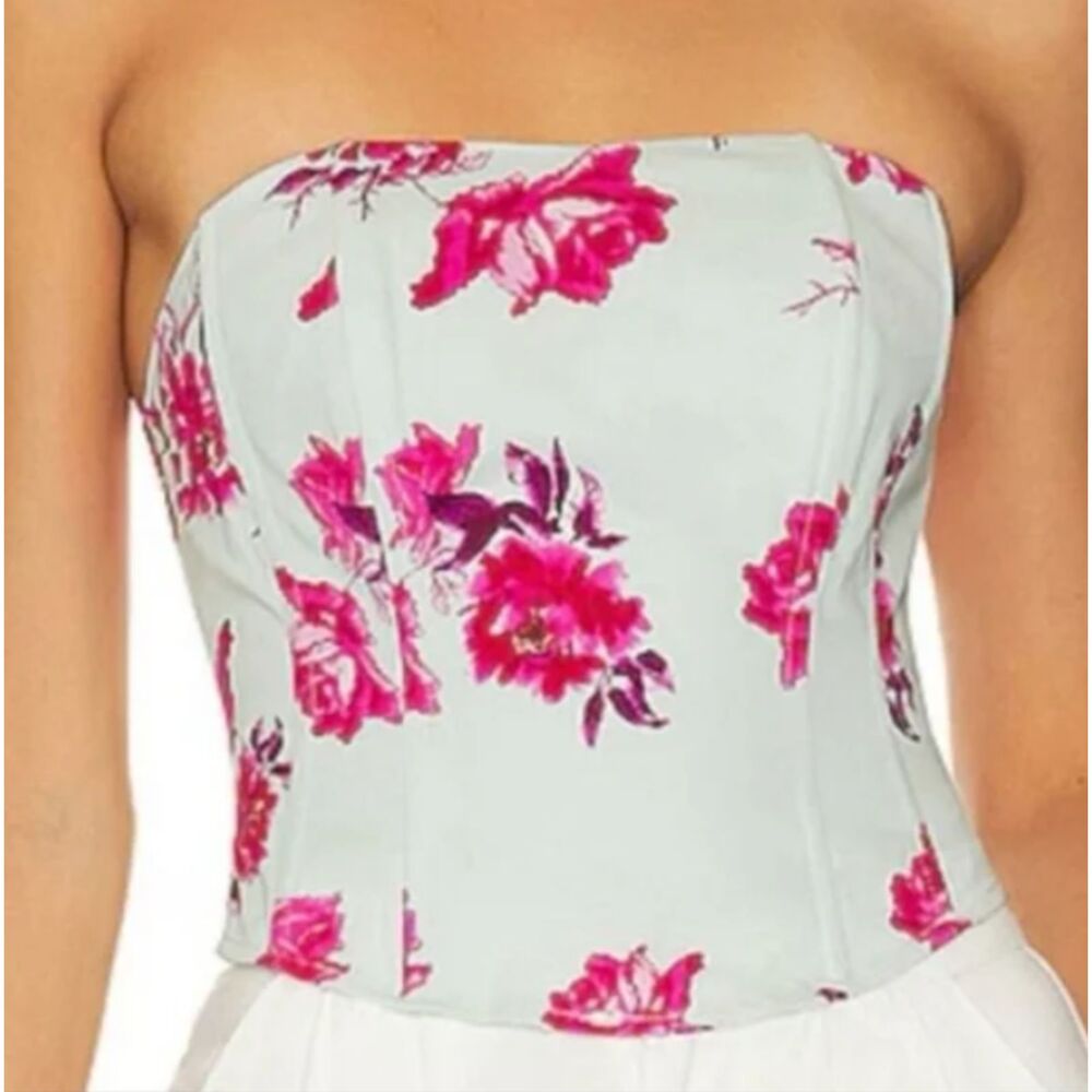 Favorite Daughter Strapless Floral Bustier Top in Mint and Hot Pink